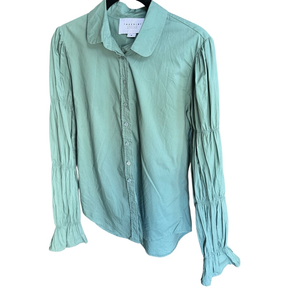 The Shirt by Rochelle Behrens sage green puffy ruched sleeves MEUC